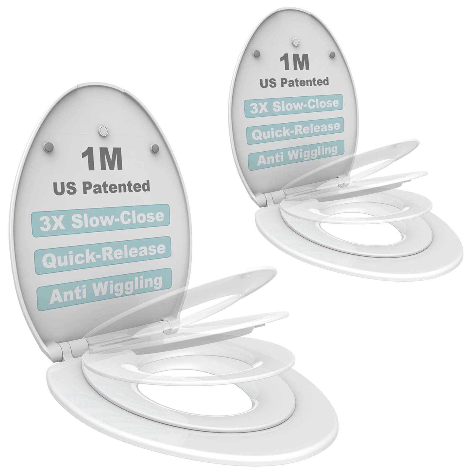 Photo 1 of 1M Family Toilet Seat, Patented Slow Close & Quick Releasing Technology, Anti-Wiggling, Easy to Install and Clean, Standard Elongated with Toddler Seat Built In (2 Pieces)
