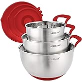 Hillbond Mixing Bowls with BPA Free Airtight Lids Nesting Bowls with Pour Spout, Silicone Handle and Non-Slip Bottoms for Baking, Stainless Steel Mixing Bowls Dishwasher Safe, 1.5, 3, 5 QT (Red)