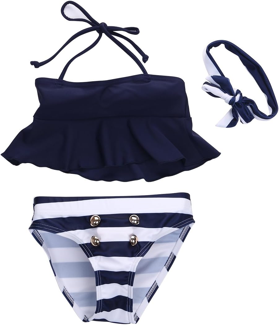 3Pcs Infant Baby Girls Halter Bowknot Tube Top+Short Strips Bottoms+Headband Bathing Bikini Swimsuit