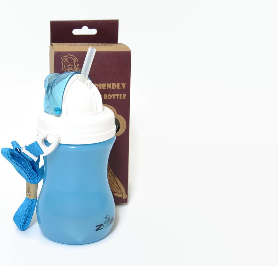 Zoe Kids Travel Water Bottle with Straw Sippy Cup - made from Corn PLA Plastic (Blue)