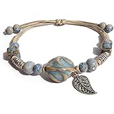 Zlanderah Boho Navy Blue Ceramic Beads Bracelet with Leaf Charm, Adjustable Bohemian Friendship Bracelet for Men and Women, Handmade Hippie Jewelry Gifts