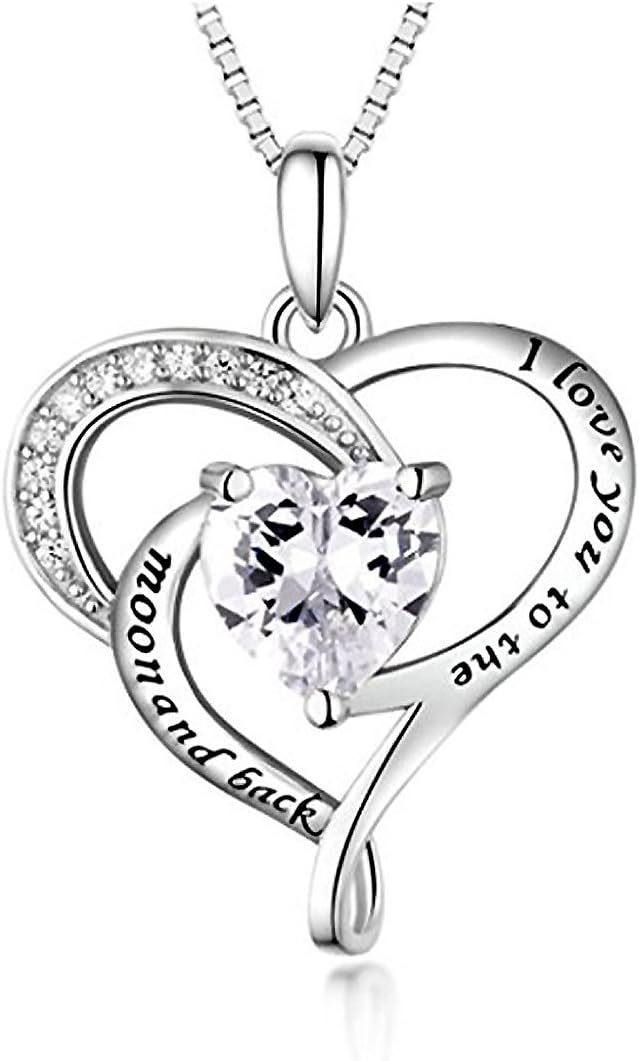 I Love You To The Moon And Back Necklace Heart Necklace 9ct White Gold Plated Pendant Necklace for Girls Women
