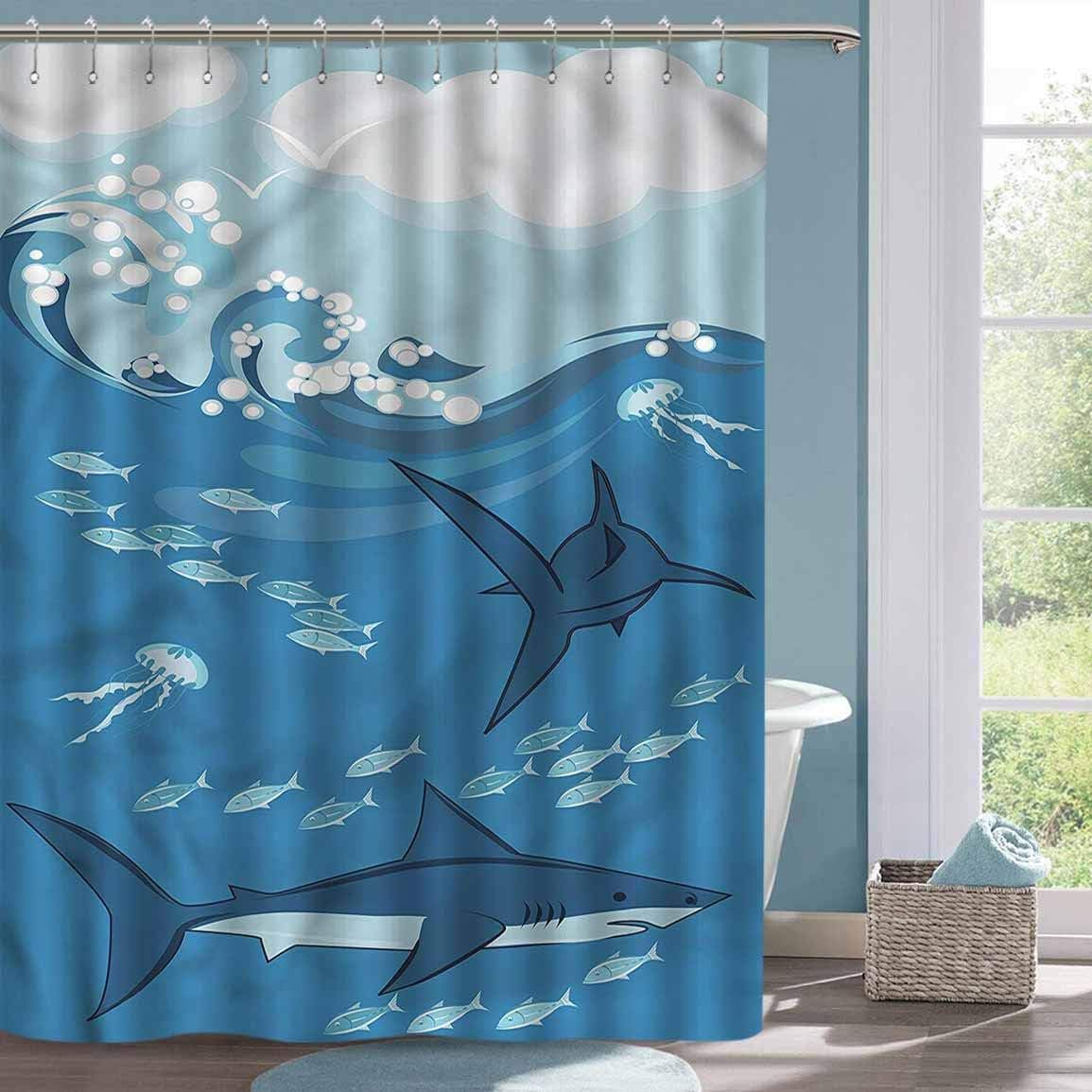 Waterproof Shower Curtain Shark Sharks in Water with Octopus Polyester Shower Curtain, W48 xL72