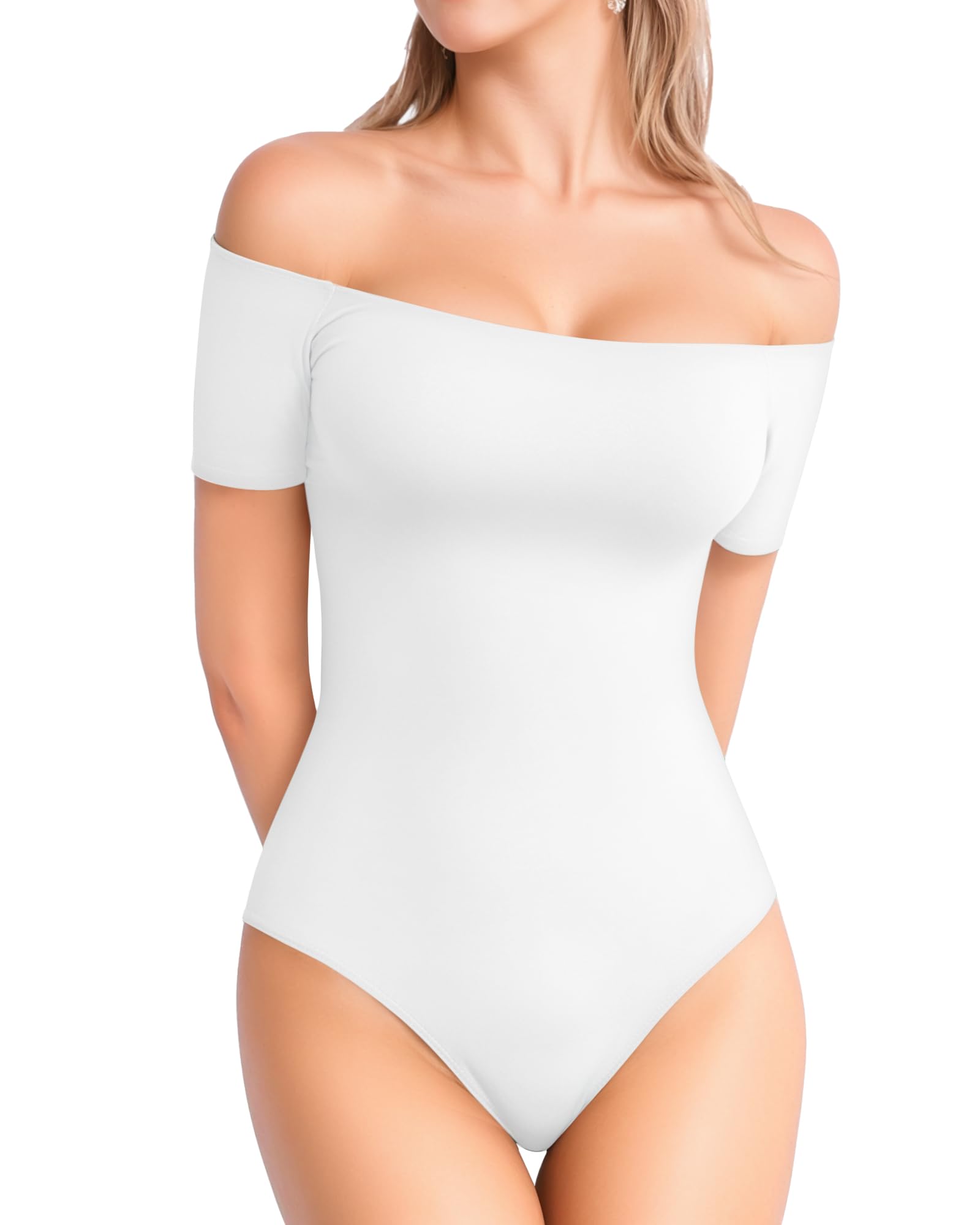Photo 1 of MANGOPOP Women's Off The Shoulder Short Sleeve Bodysuit Sexy Backless Body Suit Tops White M