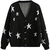 BEAUDRM Women's Star Graphic Cardigan Sweater Grunge Punk Button Up Long Sleeve V Neck Knit Outerwear