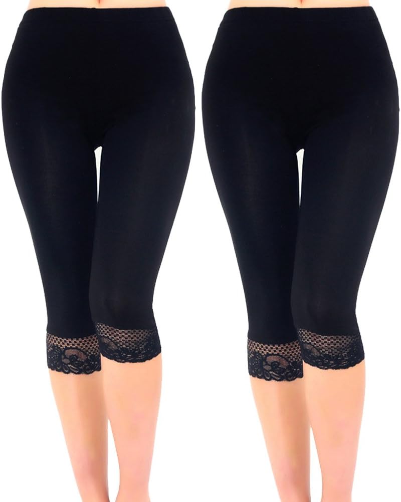 Liang RouWomen's Ultra Thin Stretch Cropped Leggings Black Lace Trim 2-Pack