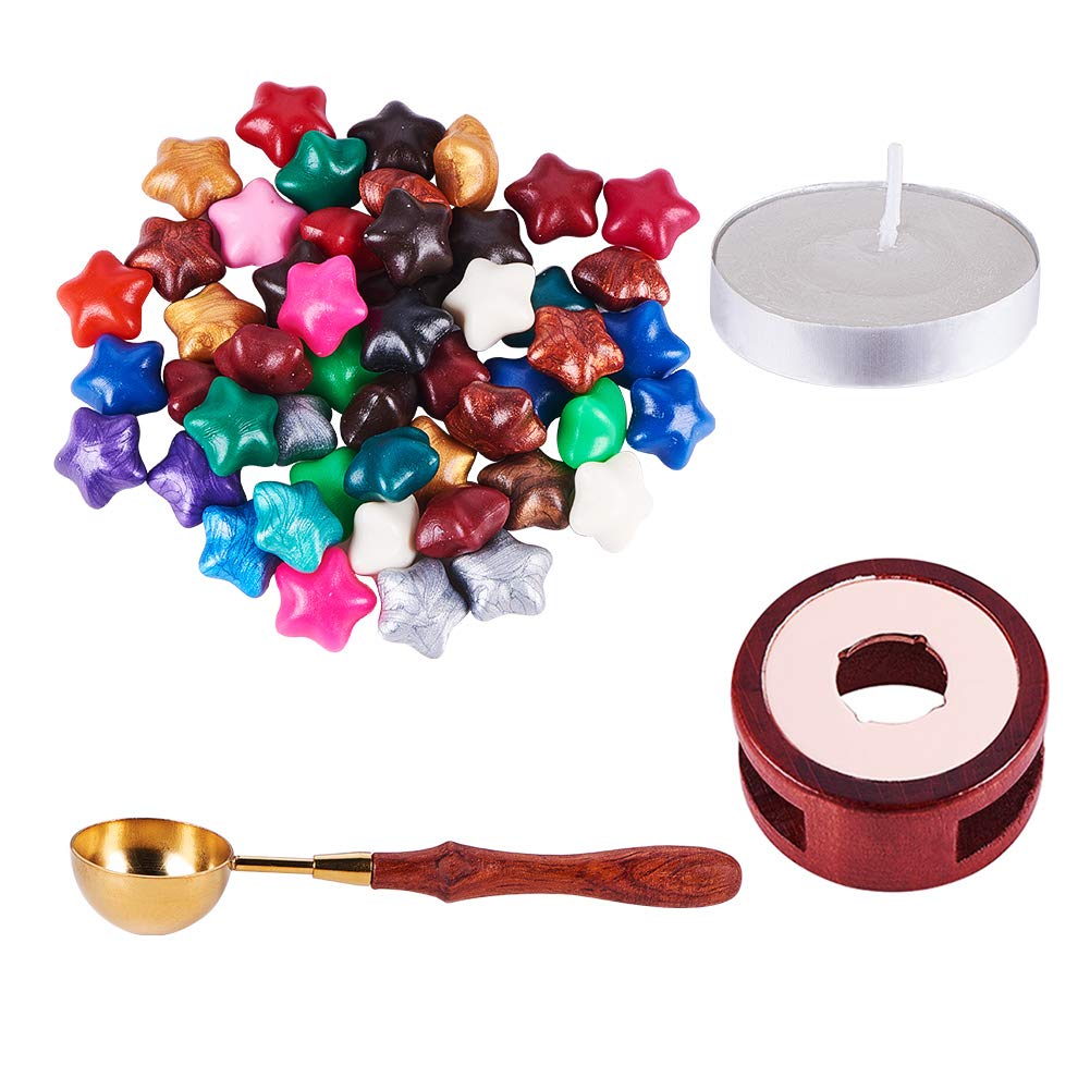 PH PandaHall Wooden Wax Seal Kit - Sealing Stamp Wax Spoon, Vintage Seal Stamp Wax Stick Melting Pot Holder, 4pcs Candle and 50pcs Star Wax Beads No Hole for Wax Stamp Sealing