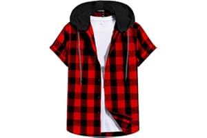 TXXEOSS Mens Short Sleeve Button Down Plaid Hooded T Shirts 2 in 1 Streetwear Shirts Summer Tops Fashion Casual Clothes