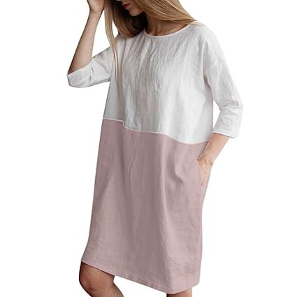 OIKAY Frauen Casual 1/2 Sleeved Patchwork Baumwolle Leinen Lose Taschen Tunika Kleid