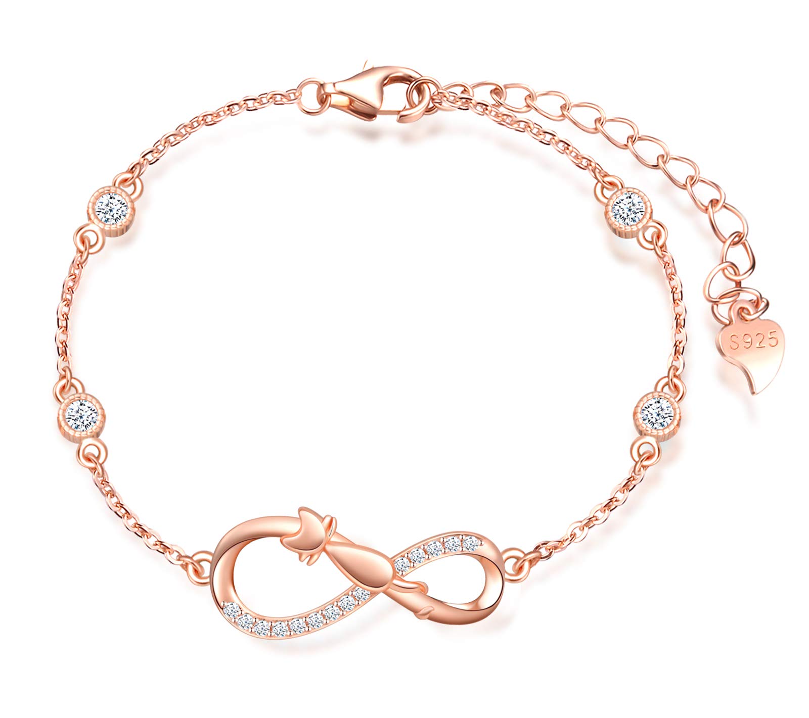 MicLee Woman's girl's Bracelet, 925 Sterling Silver bracelet, Cat and infinity symbol bracelet, Inlaid with zircon, adjustable chain, Unique design animal bracelet, rose gold