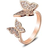METTU Butterfly Ring for Women Double Butterfly Finger Rings Open Adjustable Cubic Zirconia Ring for Women Copper-Plated Rrose Gold Silver Ring