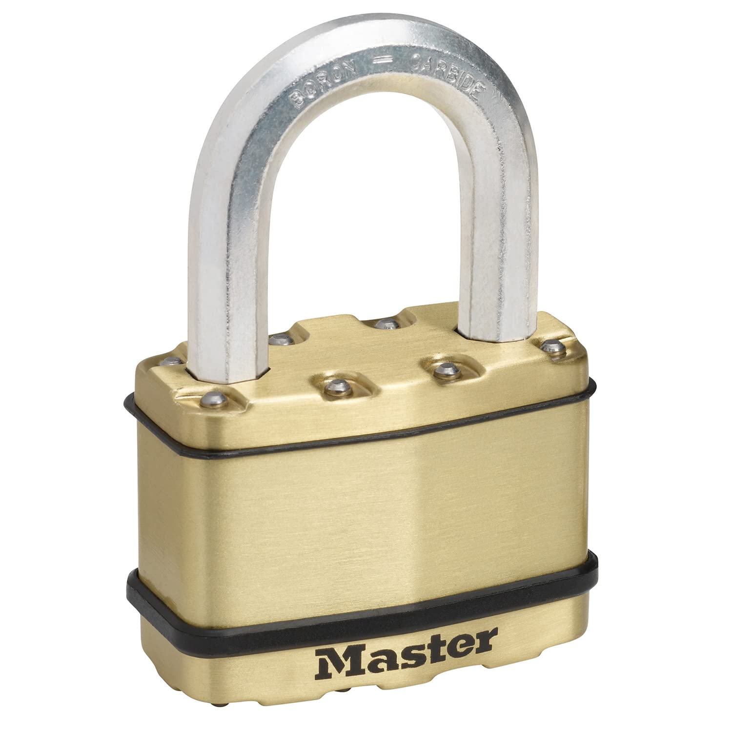 MASTER LOCK Heavy Duty Padlock, Security Level 10/10, Outdoor, Keyed, Laminated Steel/Brass Finish, Weatherproof, Medium Shackle โ image 1