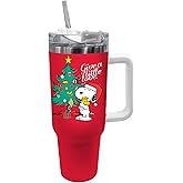 Spoontiques Peanuts Stainless Steel Travel Mug, 40oz - Double Wall Insulation, Sturdy Handle, Sliding Lock Travel Lid - Snoopy Christmas