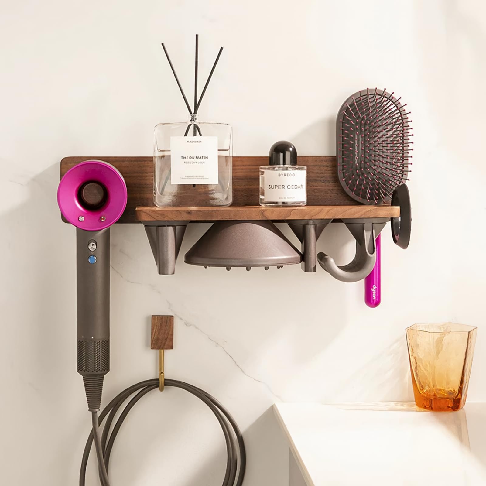Photo 1 of KoovDem For Dyson Blow Dryer Stand Wall Mount,5 Hole Magnetic Hair Dryer Holder&Organizer? For Dyson Supersonic Attachments Storage,Wooden No-Punch