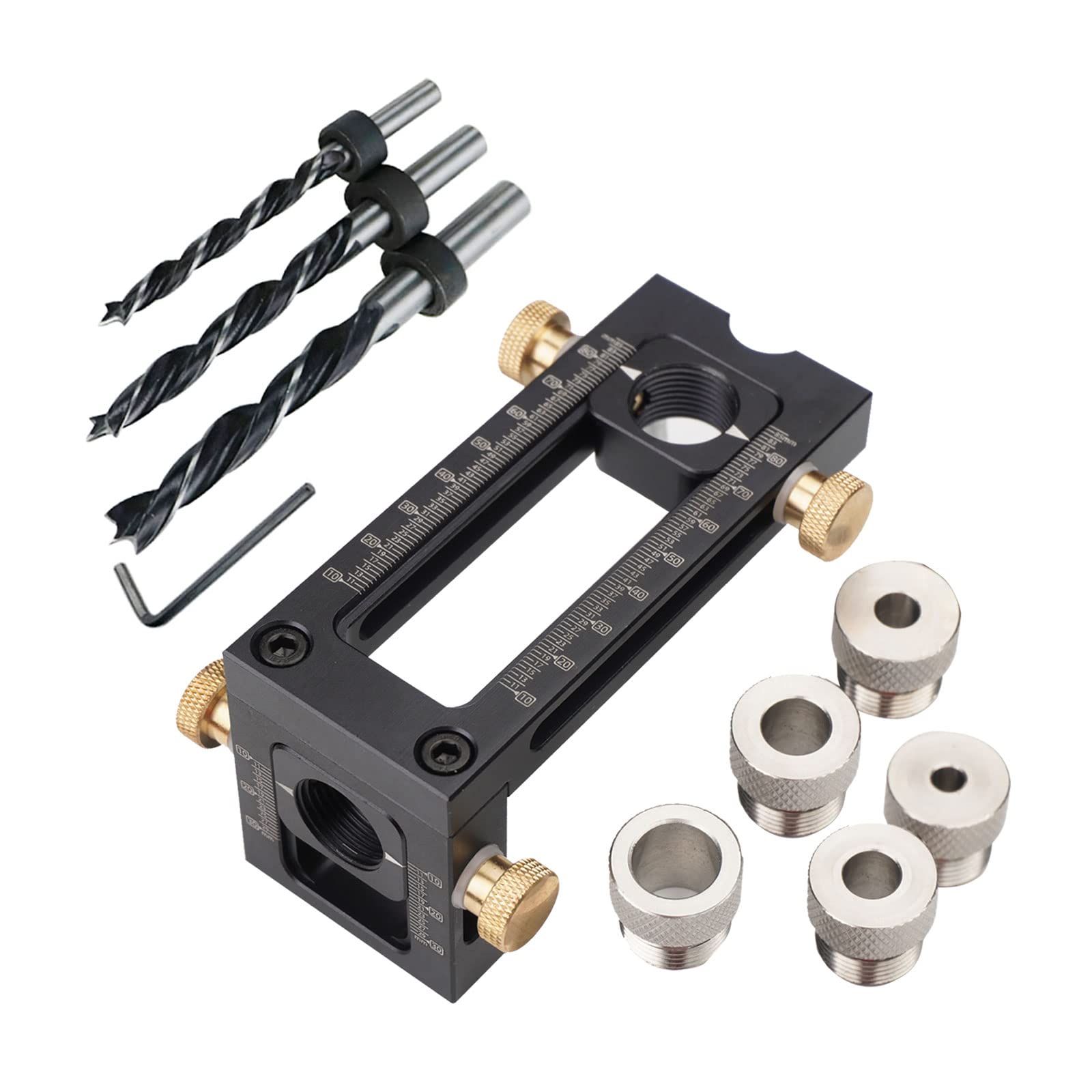 Woodworking Doweling Jig, 2-in-1 Adjustable Pocket Hole Jig Puncher Locator Dowel Drill Guide Kit, 5-Hole 6/8/10/12/15mm Self Centering Doweling Jig for Bed Cabinet Screws Punch Locator