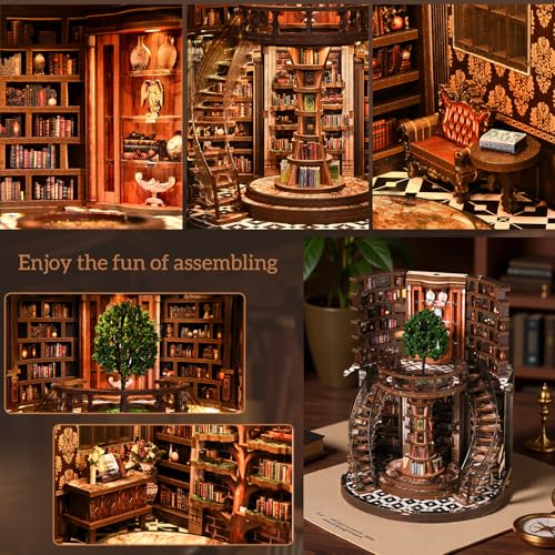 Kaayeewood Book Nook Kit, 3D Wooden Puzzles for Adults, DIY Miniature House Kit for Adults, Booknook with LED Light, Gifts for Family, Friends and Book Lovers, Bookshelf Decor(Wisdom Rings)