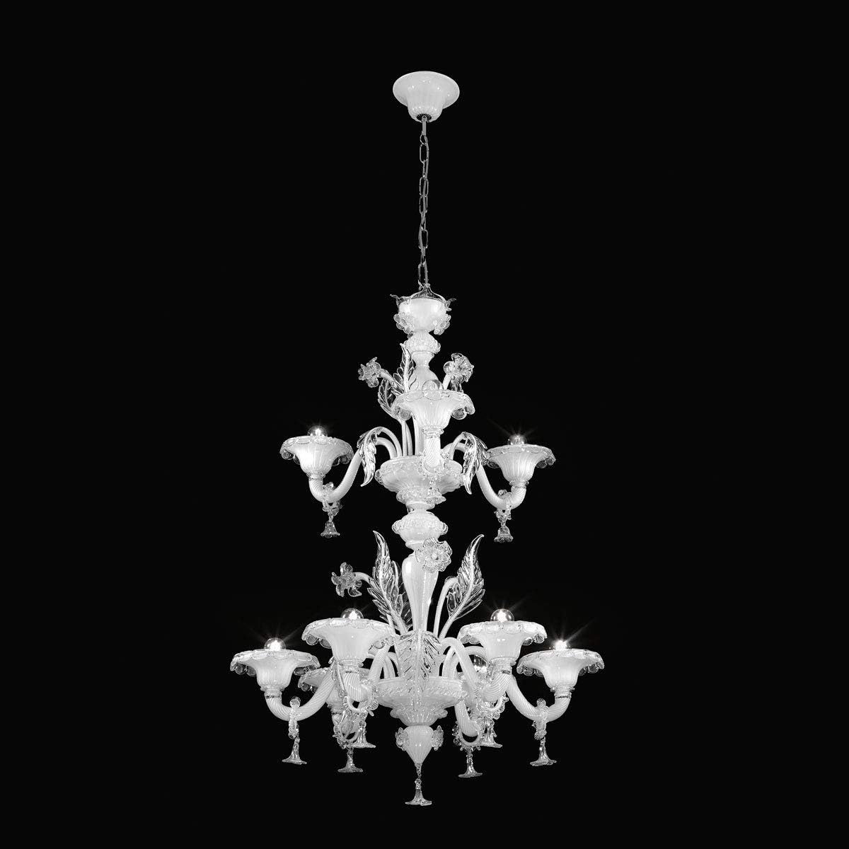 Murano Collection Murano Glass Chandelier Anafesto in Chrome White Handmade in Italy Luster Classic Transparent Crystal Lamp E14