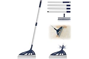 UNCLE ROCK Magic Silicone Broom with V-Shape Brush, 2 in 1 Squeegee Broom for Floor Cleaning, 60” Long Handle Silicone Broom Sets to Clean pet Hair, Ketchup, Glass Shards (Blue)