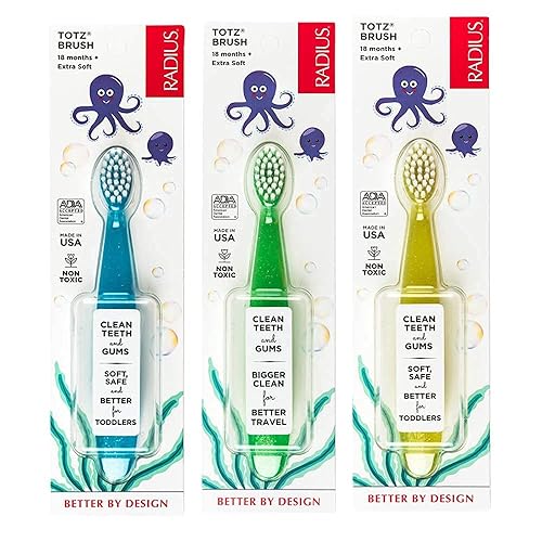 RADIUS Children's Toothbrush, Totz Brush, Extra Soft Bristles, Blue/Green/Yellow, BPA Free & ADA Accepted, Designed for Delicate Teeth & Gums for Children 18 Months & Up, Pack of 3