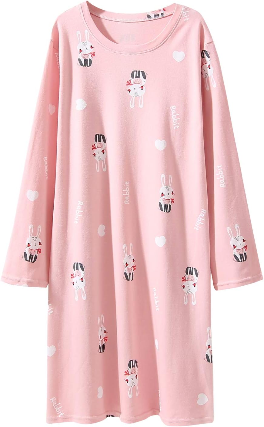 SYROSA Girl's Nighties Sleepwear Long Sleeves Cotton Cute Rabbit Princess Nightdress Sleepwear for 3-12 Years
