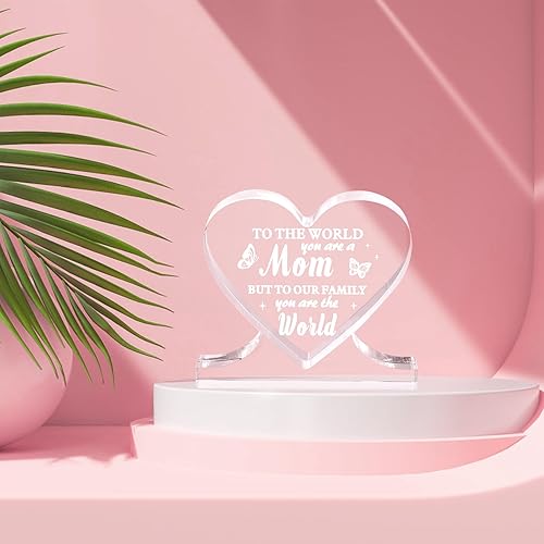 Minicoco Acrylic Heart-Plaque, Engraved With Touching Words, To Our Family You Are The World A Unique Gift For Mom, Presents For Mum From Daughter Mother'S Day Christmas Birthday