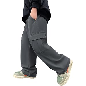 Haloumoning Boys Cargo Pants Baggy Elastic Waist Wide Leg Trousers 5-14Y | Kids Loose Fit High Waisted Straight Leg Pants wit