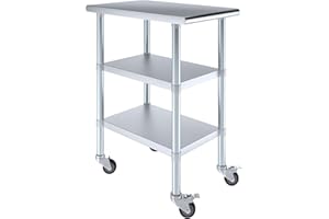AmGood Stainless Steel Work Table with 2 Shelves and Casters | Metal Utility Table On Wheels (Stainless Steel Work Table with 2 Shelves + Casters, 18" Long x 30" Deep)