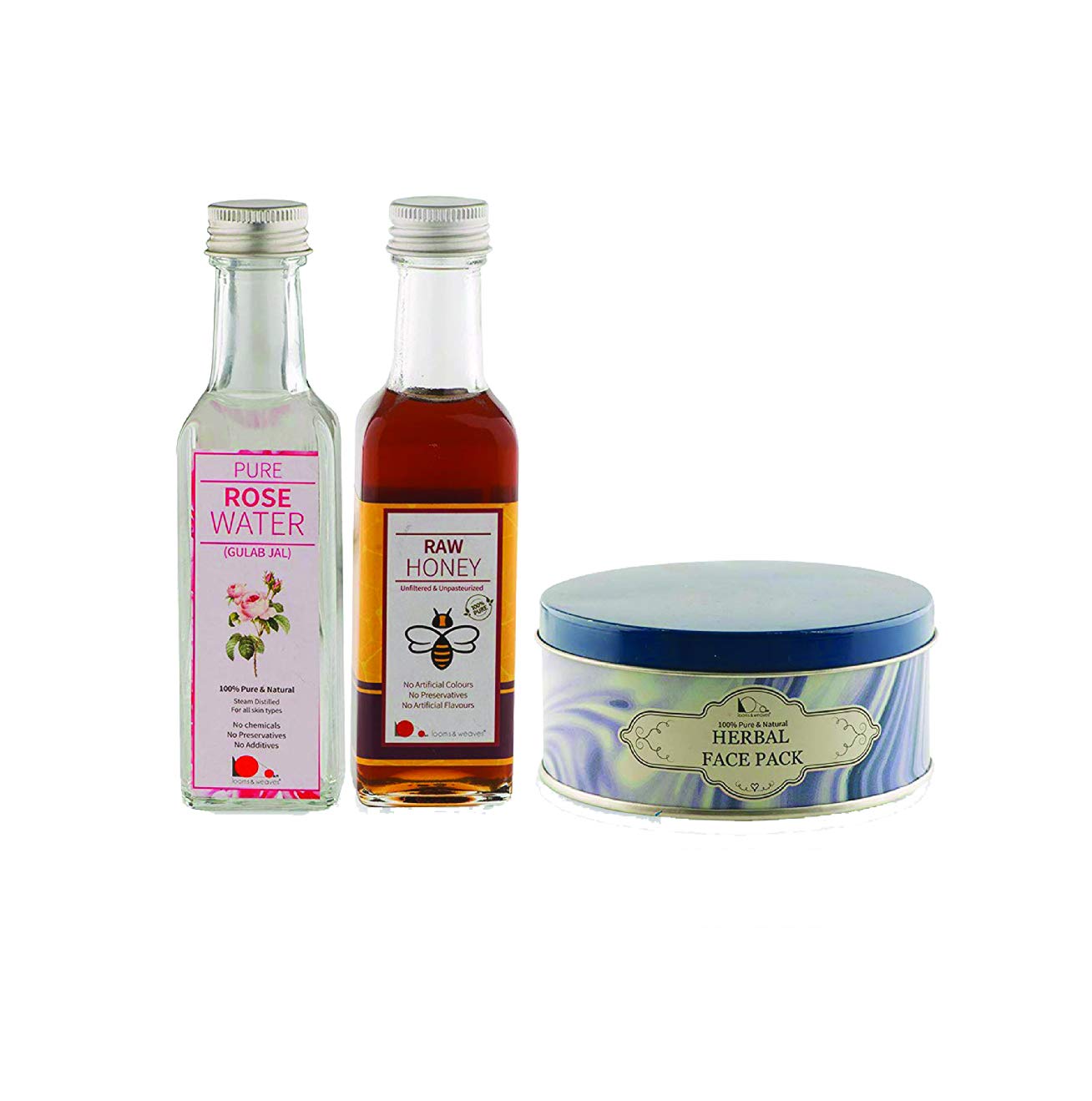 looms & weaves - Herbal Face Pack (Ayurvedic Skin Whitening Formula -100 gm) + 100 ml Wild Honey + 100 ml Rose Water