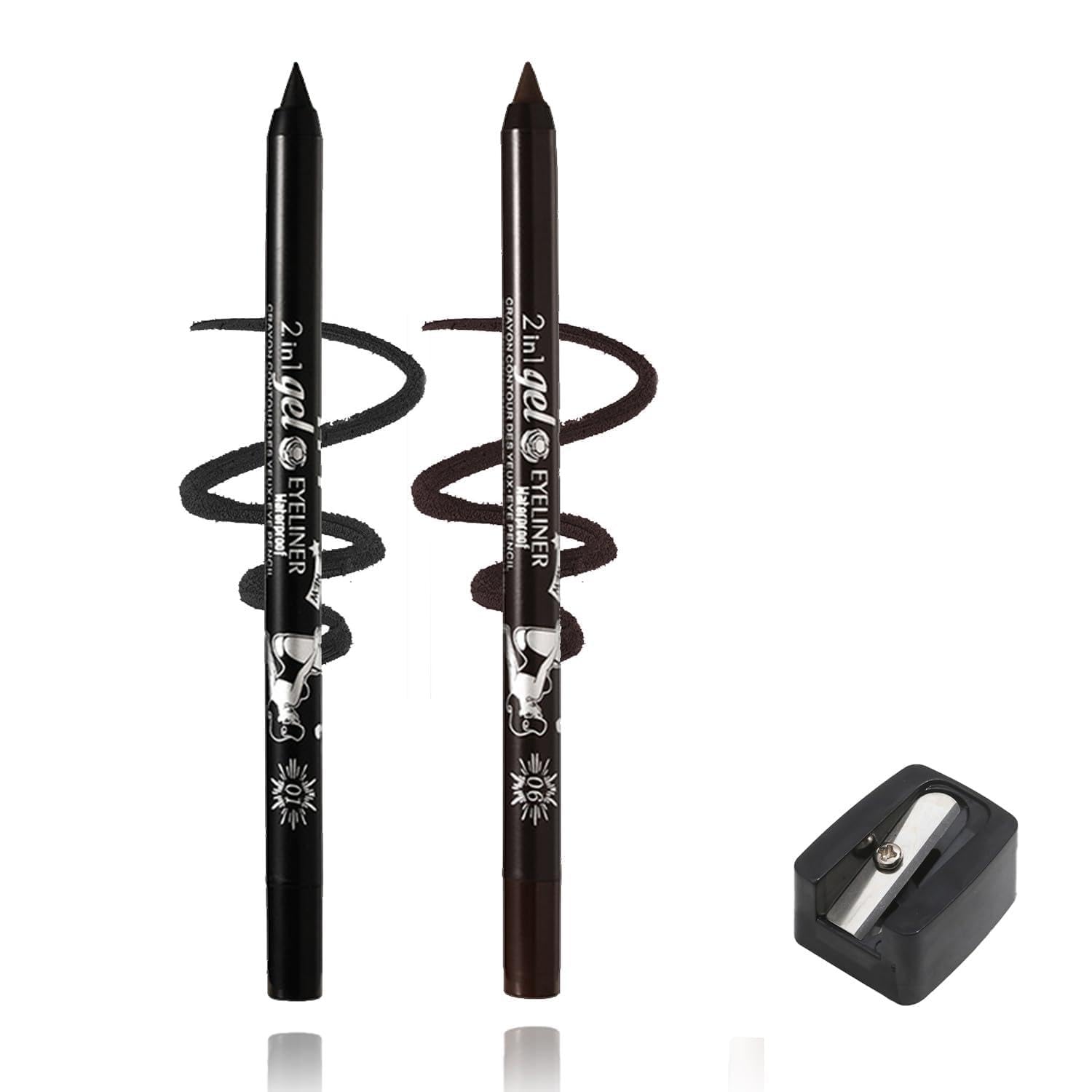 2-in-1 Gel Eyeliner Pencil Set in Black and Brown - Professional Waterproof Smudge-Resistant Long-Lasting Eye Liner with Sharpener for Precise Makeup, Waterline Definition & Winged Looks