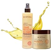 Kit x2 Be Natural Lisso Keratina – Heat Protectant Spray 8.45 fl oz + Keratin Hair Mask 350 ml – Hydrolyzed Keratin for Straight, Shiny, Frizz-Free Hair – Sulfate-Free Termoprotector