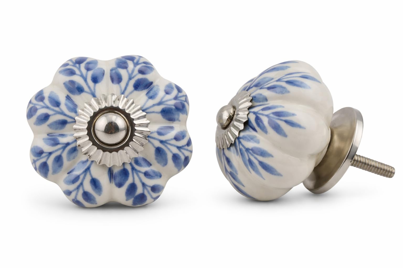 KPAVIR Blue Ceramic Cabinet Knobs – Floral Vintage Drawer Pulls with Stainless Steel Hardware, Decorative Kitchen Cupboard Handles for Dresser, Wardrobe & Furniture (Pack of 12)
