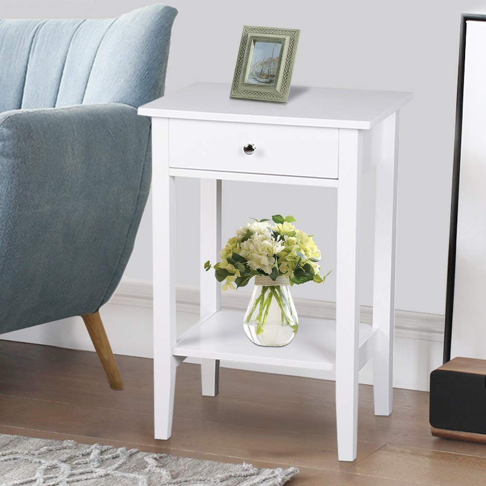 SSLine Tall Chairside End Table W/Shelf Wooden Bedside Table Night Stand with Storage Drawer White Finish Modern Sofa Couch Side Coffee Table Telephone Table Accent Furniture