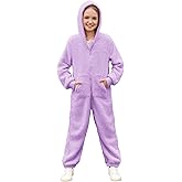 rrhss Girls Fleece Onesie Pajamas Kids Zip Up Hooded Blanket Sleeper with Pockets 5-14 Years