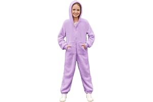 rrhss Girls Fleece Onesie Pajamas Kids Zip Up Hooded Blanket Sleeper with Pockets 5-14 Years