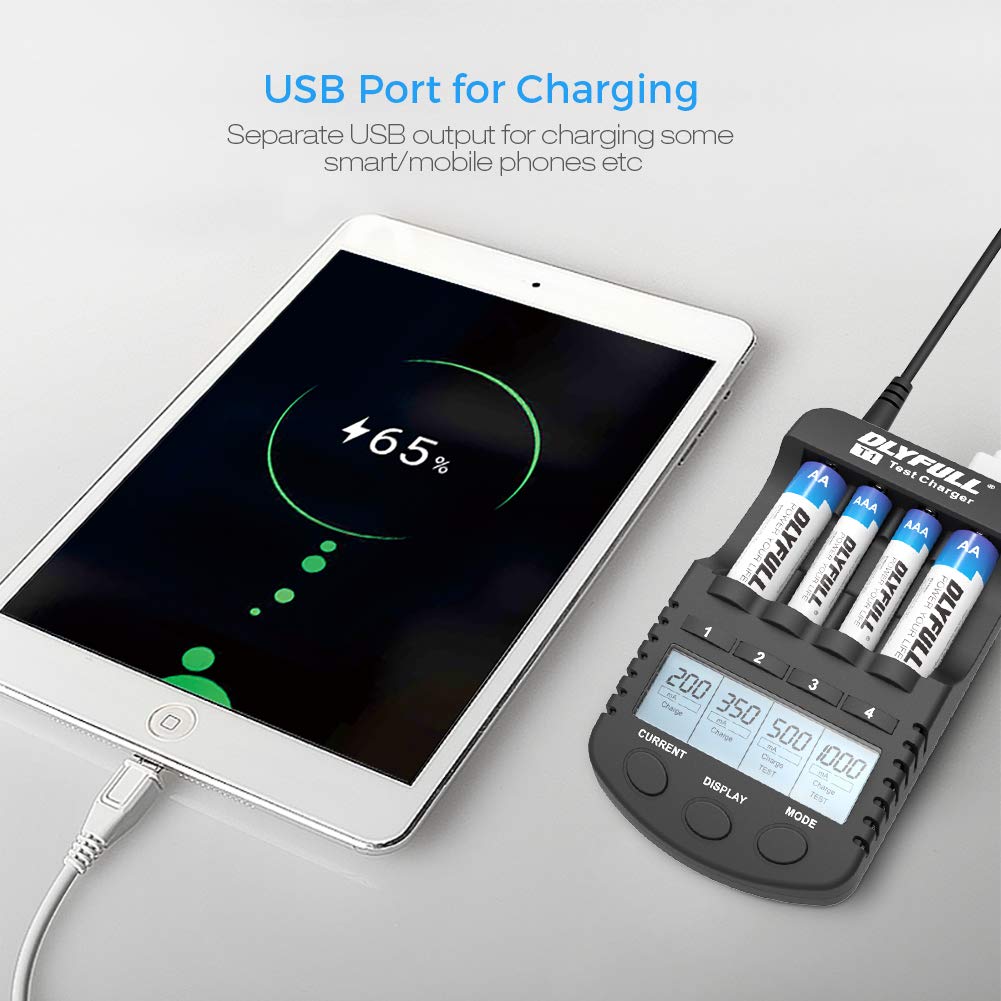 LCD Akkus Ladegerät DLYFULL Smart Charger für AA/AAA Micro/Mignon mit USB Anschluss Erhaltungsladung Einzelschachtladung 4 Modi: Aufladen, Entladen, Prüfen & Auffrischen - mit LCD Display