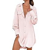 Ekouaer Women Satin Sleep Shirt Long Sleeve Nightgown Button Down Nightshirt Silk Sleepwear Soft Pajama Dress Sleep Dress