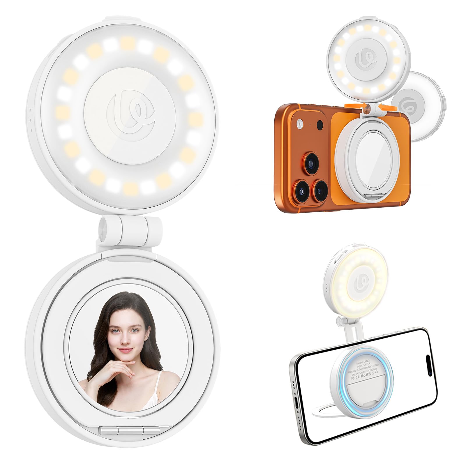 Magnetic Selfie Light, Upgraded ULANZI LM23 360° Phone Ring Light for iPhone Magsafe with Mirror & Stand, LED Phone Fill Lights for Selfies/Video Calls/Conference/Vlogging/Makeup - White