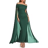 MAYFASEY Women's Elegant Off Shoulder Long Sleeve Mesh Ruched Bodycon Long Formal Party Evening Dress with Cape