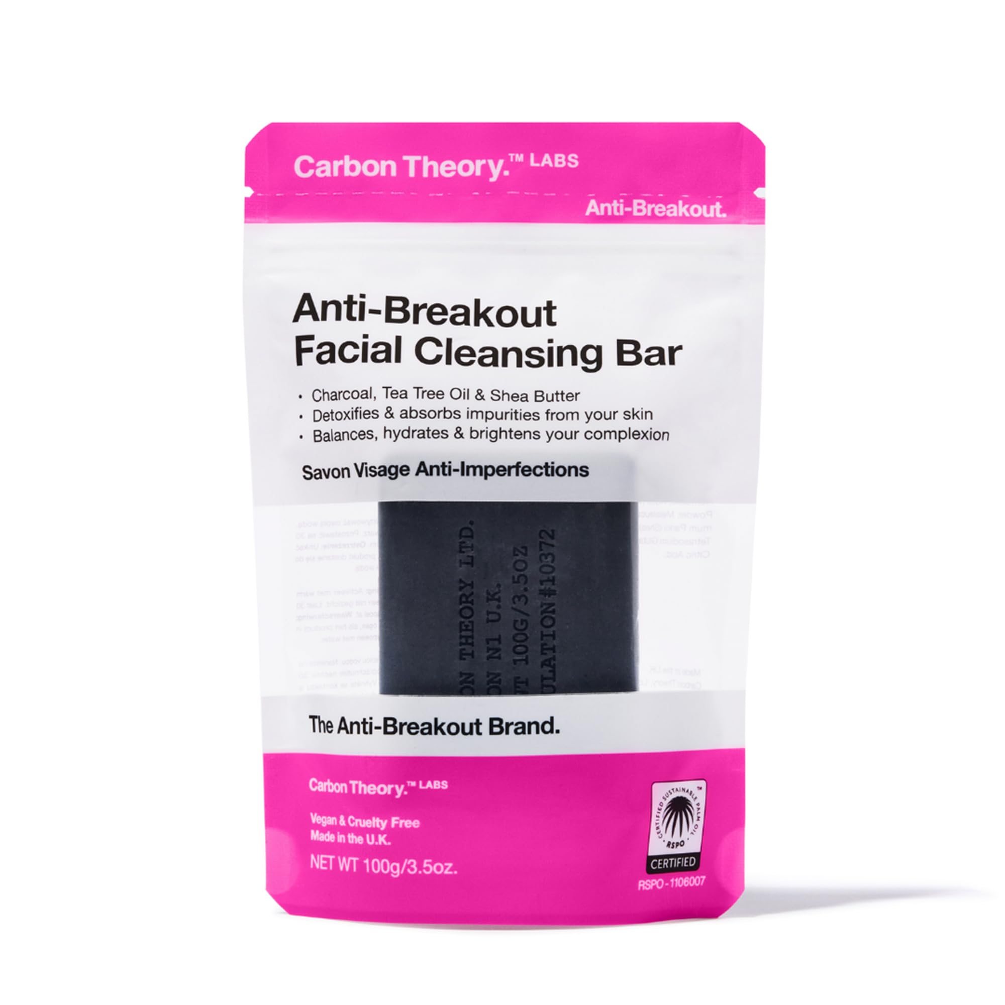 Carbon Theory Anti-Breakout Shea Butter Face Cleansing Bar, Soap Bar for Oily Skin, Removes Impurities, Hydrates and Helps Regulate Excess Oils 100g