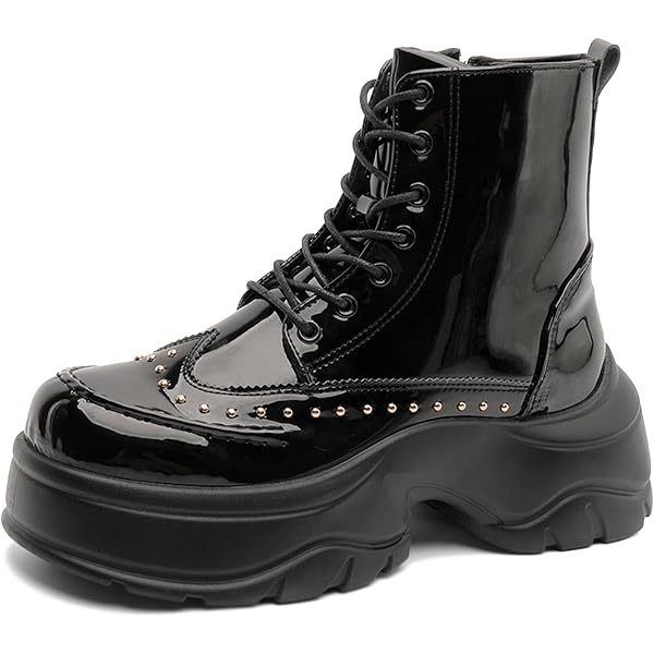 Men\'s Patent Leather Rivet Platform Motorcycle Boots Side Zipper Non Slip Juosiy Mens Patent Leather Combat Boots Fashion Side Zipper  main image 2