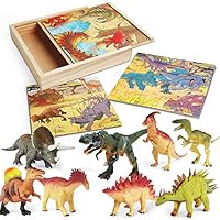 LURLIN 3 in 1 Dinosaur Jigsaw Puzzles in a Wooden Storage Box & 12 Pcs Realistic Dinosaur Figures - Perfect Dinosaur Toys for 3,4,5,6 Years Old Kids, Boys & Girls