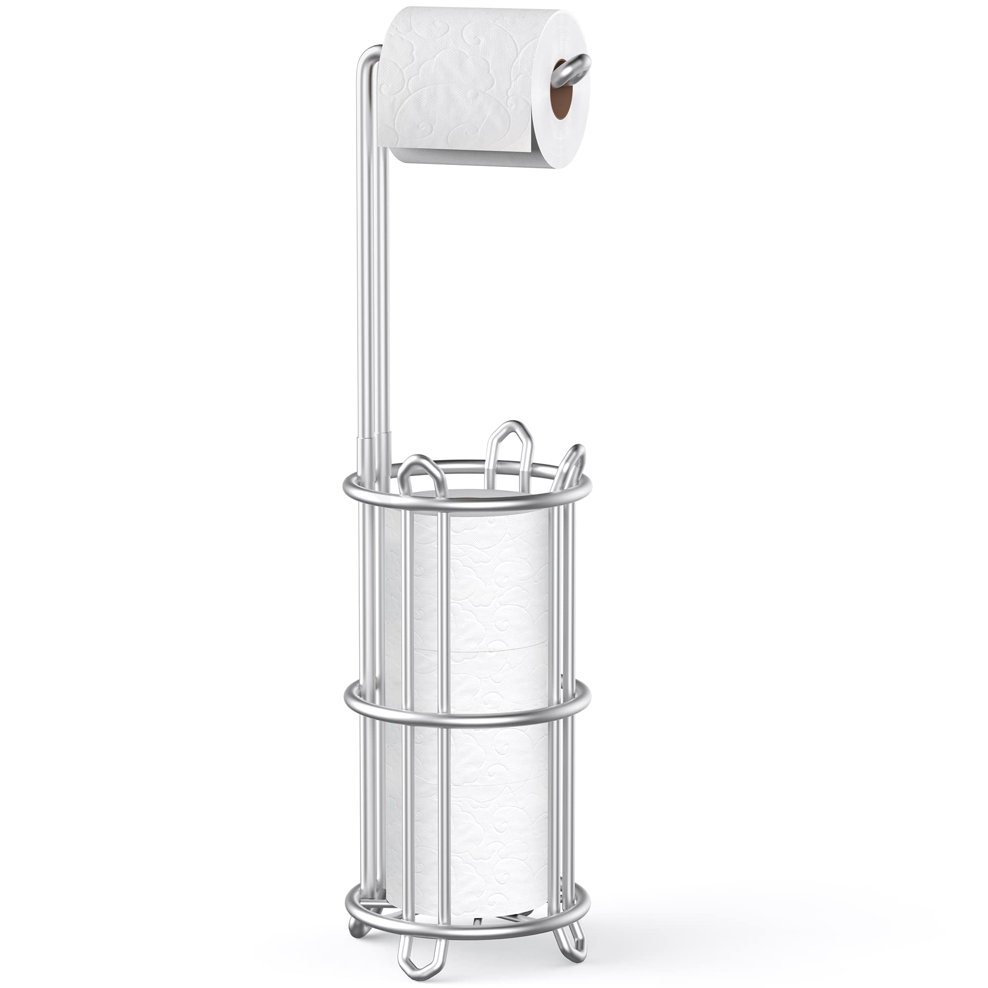 Photo 1 of Meangood Toilet Paper Holder Stand and Tissue Paper Roll Dispenser for 4 Mega Rolls, Bathroom Free Standing Tissue Roll Storage Holder Rack, Metal Wire Silver