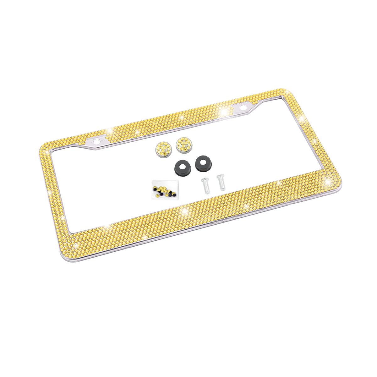 Photo 1 of Bling Car License Plate Frame, Sparkly Rhinestone Stainless Steel License Plate Cover/Holder, Universal for Most Cars, SUVs, Vehicles with Screw Set, Auto Accessories for Women (Yellow)