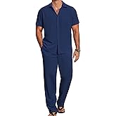 COOFANDY Mens 2 Piece Casual Beach Outfits Short Sleeve Button Down Shirts Summer Loose Pant Sets Vacation Walking Outfits