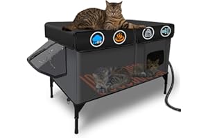 LUBLACET Heated Cat House for Outside Insulated in Winter,Fully Waterproof,with Adjustable Awning,Escape Door,Indoor Outdoor Cat Shelter for Feral Stray Barn Cat to Stay Warm&Dry,Black/Gray,Large