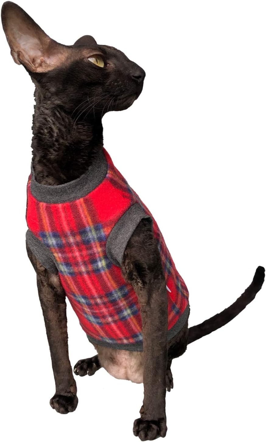 Kotomoda cat's sweater Plaid Red Grey Naked Cat Hairless Sphynx Cat Clothes (XS) - Image 3