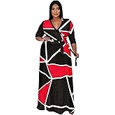 Runwind Plus Size Dresses for Women Floral Maxi Dress Flowy 3/4 Sleeve with Belt