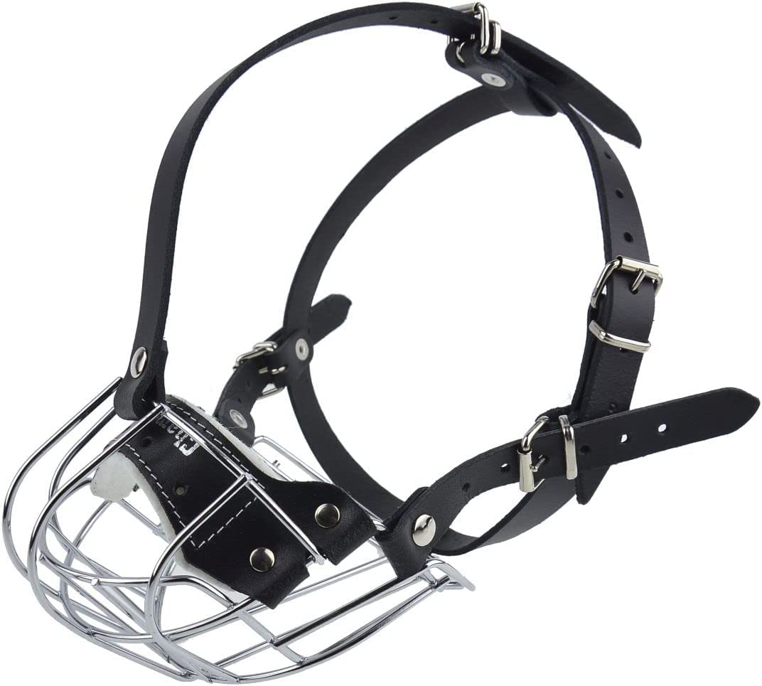 Strong Metal Wire Basket Dog Muzzle for American Bully (B3, Black leather/Silver)