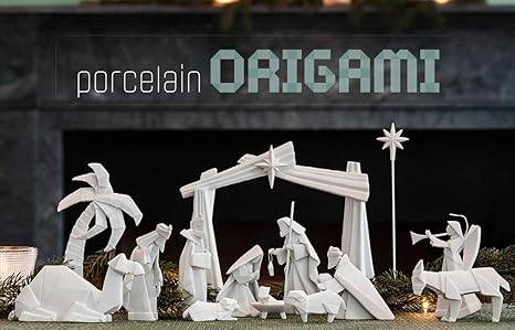 Porcelain Origami 15 Piece Nativity Set With Animals And Backdrop