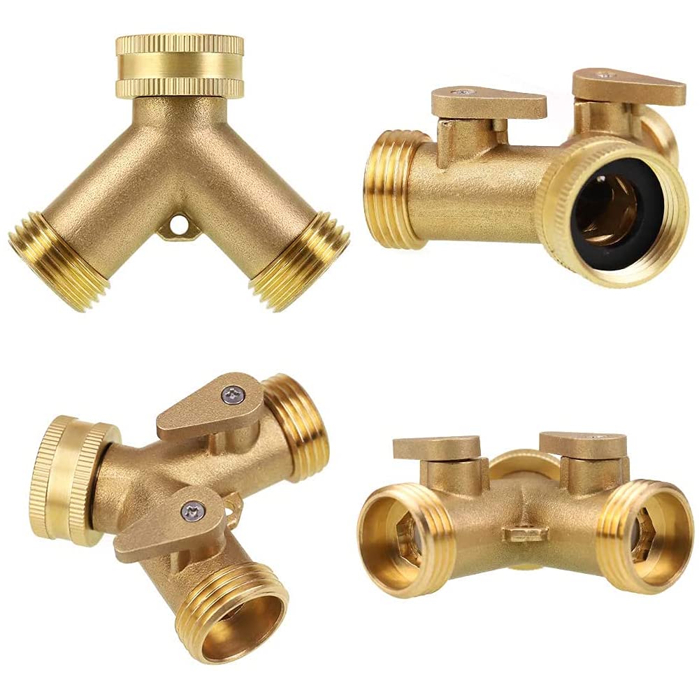 ANCLLO Brass 2 Way Garden Hose Splitter, Heavy Duty, 3/4 inch, Adapter with 2 Valves